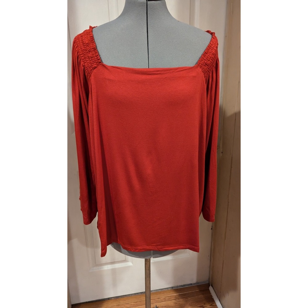 IMAN Plus Size Red Square Neck Long Sleeve Smocked Top Blouse Shirt 2X Chic Boho - Picture 3 of 6